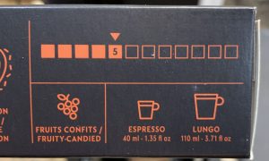 Nespresso pod sleeve showing espresso and lungo brew options 